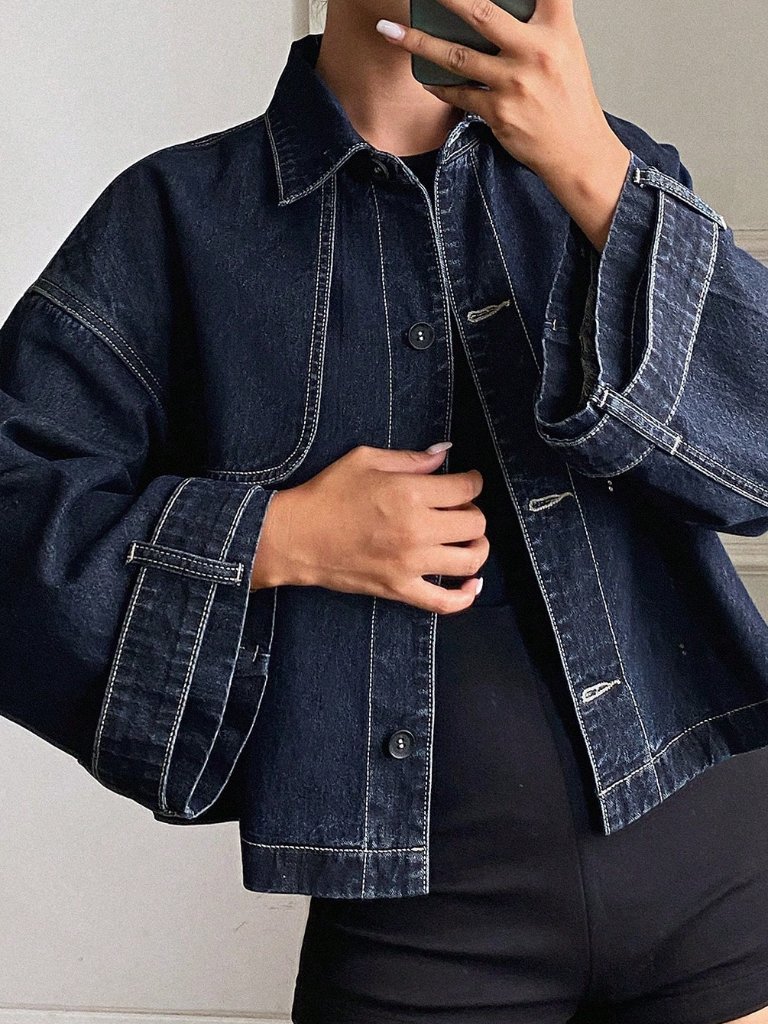 Black Casual Women's Denim Jacket With Turn-Down Collar, Batwing Sleeves